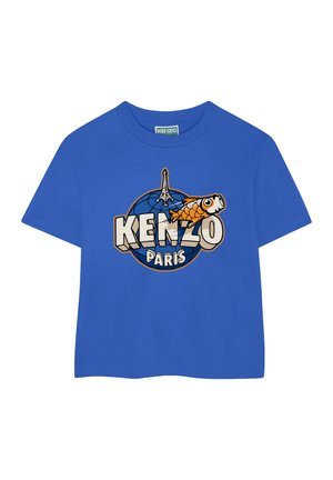 Blauwe katoenen T-shirt met een grafisch ontwerp van een goudvis, de Eiffeltoren en de tekst "KENZO PARIS" in vetgedrukte, speelse letters. Standaard ronde nek.