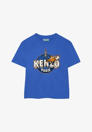 T-shirt en coton bleu avec un graphique représentant un poisson rouge, la Tour Eiffel et le texte "KENZO PARIS" en police audacieuse et ludique. Col rond standard.