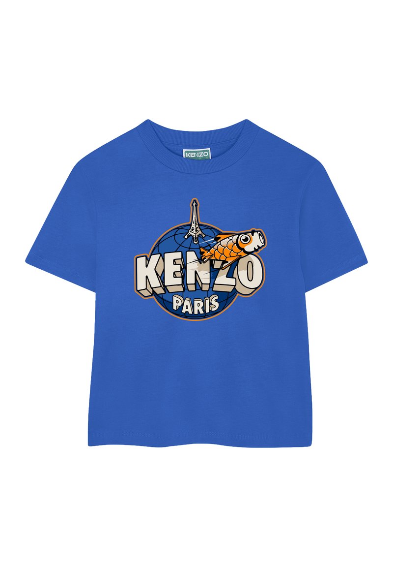 T-shirt en coton bleu avec un graphique représentant un poisson rouge, la Tour Eiffel et le texte "KENZO PARIS" en police audacieuse et ludique. Col rond standard.