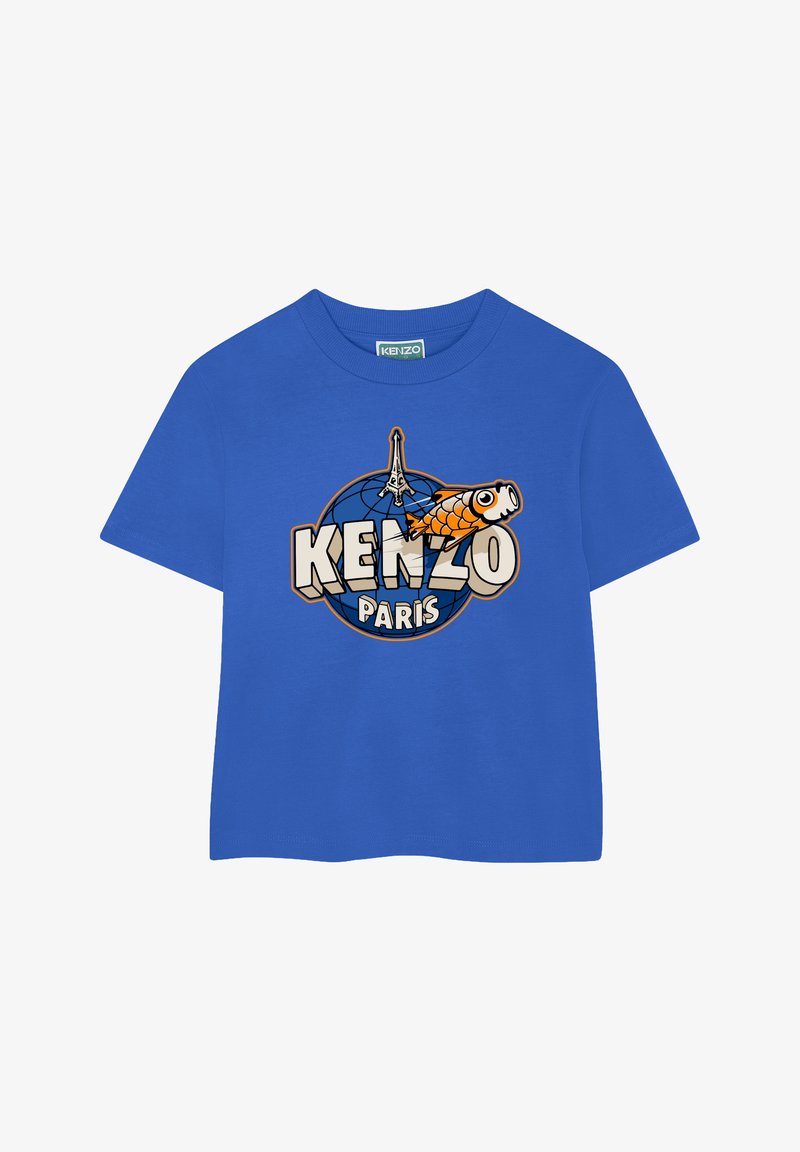 T-shirt en coton bleu avec un graphique représentant un poisson rouge, la Tour Eiffel et le texte "KENZO PARIS" en police audacieuse et ludique. Col rond standard.