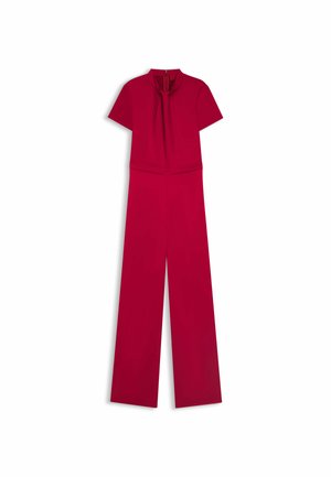 Roter Jumpsuit mit kurzen Ärmeln, hohem Kragen, gefälteltem Frontdetail und weitem Bein. Mit einem Reißverschlussverschluss auf der Rückseite.