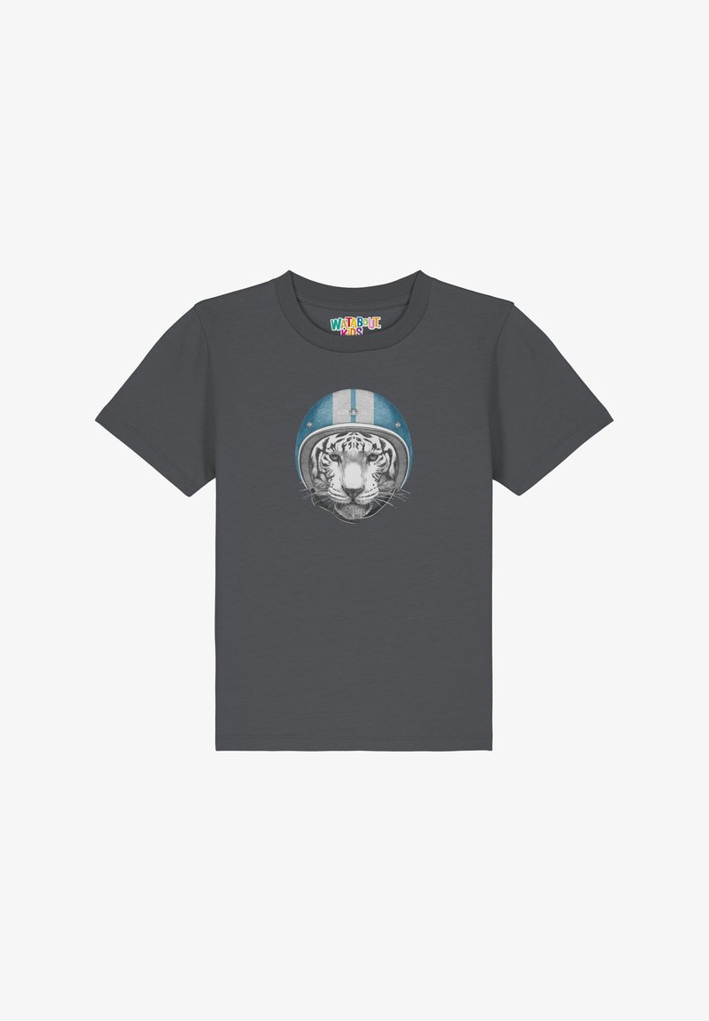 Grijze katoenen t-shirt met een gedetailleerde grafiek van een tijger die een astronautenhelm draagt, met blauwe strepen en een abstracte blauwe achtergrond.
