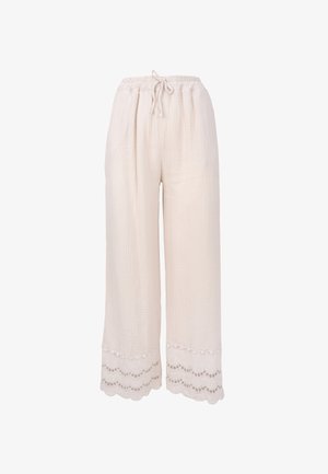 Helle beigefarbene, weit geschnittene Hose aus strukturiertem Stoff, mit einem Kordelzug im Taillenbereich und gewelltem Spitzenbesatz am Saum.