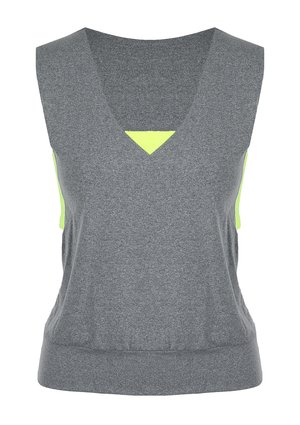 Szary bezrękawnik z dekoltem w kształcie litery V, z kontrastowym, jasnobrzydkim, trójkątnym wstawieniem na środku i po bokach. Miękka tekstura.