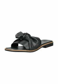 Schwarze Leder-Slide-Sandale mit einem geknoteten Schleifen-Design, offener Zehenpartie, flacher Sohle und einem kontrastierenden hellen Rand um die Basis. Weicher Textur durchgehend.