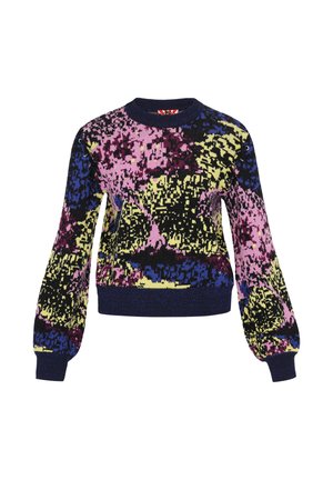 Sweter z dzianiny z wielokolorowym, pikselowym wzorem w odcieniach różu, żółci, niebieskiego i czerni. Żebrowane mankiety i dół, okrągły dekolt.