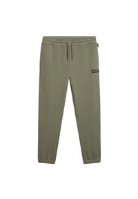 Olive green sweatpants made of soft fabric, featuring an elastic waistband with drawstring, tapered legs, and a small black logo patch.