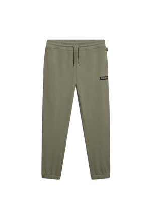 Olijfgroene sweatpants van zacht materiaal, met een elastische tailleband met trekkoord, taps toelopende benen en een klein zwart logopatch.