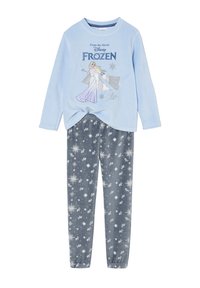Light blue long-sleeve top with Elsa from Disney Frozen and silver snowflakes, paired with dark gray pants featuring white snowflake patterns.