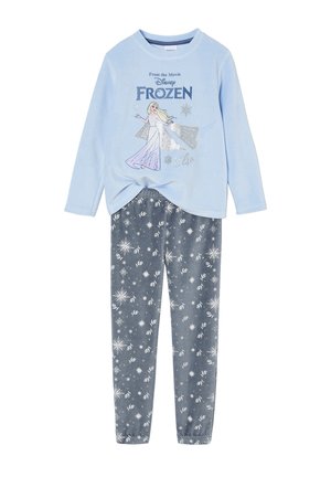 Hellblaues Langarmoberteil mit Elsa aus Disney Frozen und silbernen Schneeflocken, kombiniert mit dunkelgrauen Hosen mit weißen Schneeflockenmuster.