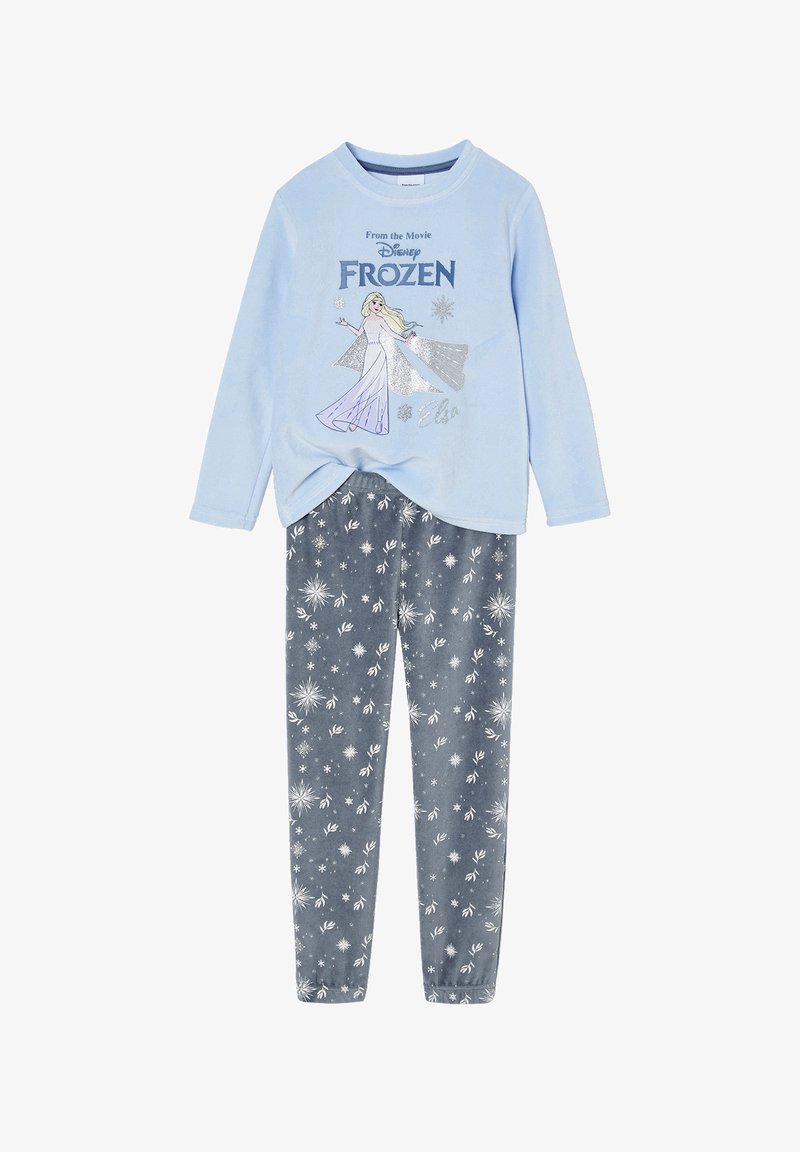 Hellblaues Langarmoberteil mit Elsa aus Disney Frozen und silbernen Schneeflocken, kombiniert mit dunkelgrauen Hosen mit weißen Schneeflockenmuster.