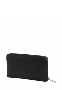 Portefeuille rectangulaire en cuir noir avec fermeture éclair argentée et languette de tirage, présenté fermé sur fond blanc.