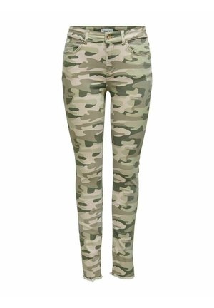 Grüne Camouflage-Skinny-Jeans mit fünf Taschen, goldfarbenen Akzenten und einem ausgefransten Saum. Aus dehnbarem Stoff für einen bequemen Sitz gefertigt.