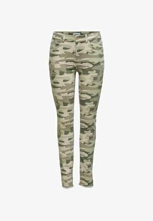 Zelené camo skinny džíny s pěti kapsami, zlatým kováním a roztrhaným lemem. Vyrobeny z elastického materiálu pro pohodlné nošení.
