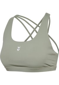 Ljusgrön sport-bh i mjukt material med rund halsringning och korslagda band bak; vitt logotypdetalj framtill.