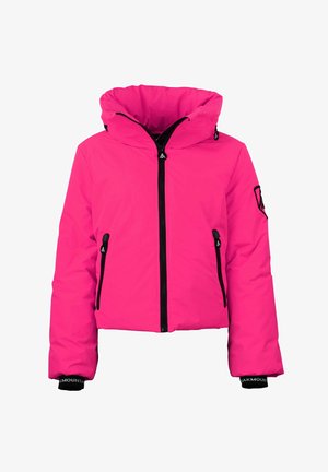 Veste rembourrée rose vif avec un col montant et une capuche amovible. Présente des zips noirs et des poignets élastiques avec un logo.