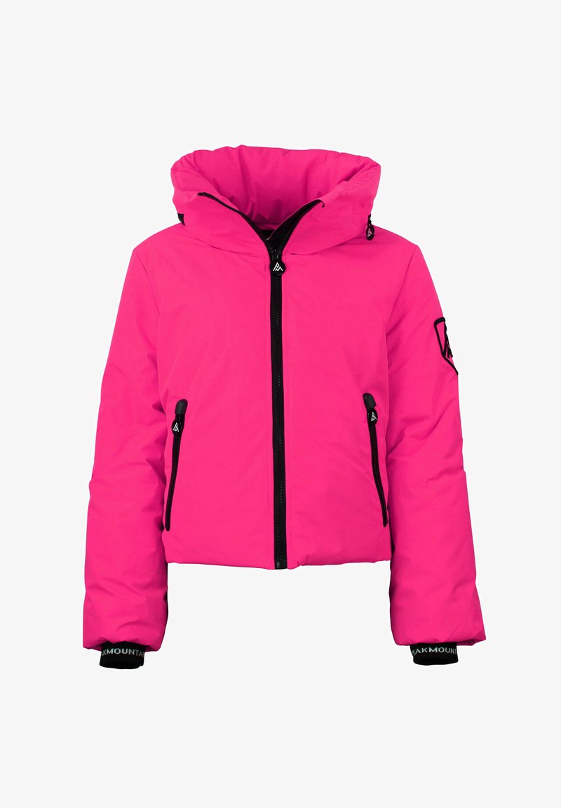 Veste rembourrée rose vif avec un col montant et une capuche amovible. Présente des zips noirs et des poignets élastiques avec un logo.