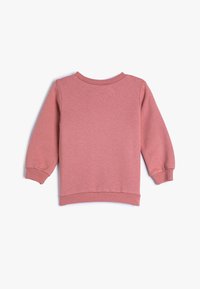 Sudadera rosa con mangas largas, cuello y puños de canalé, y una textura suave. Presenta un diseño simple y sólido, sin patrones.