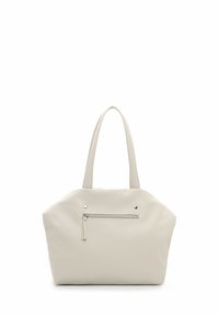 Large white textured tote bag with two shoulder straps, a front zip pocket, and decorative silver studs. Soft, durable material.