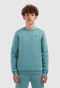 Licht turquoise sweatshirt met een ronde hals, ribbelmanchetten en -zoom. Voorzien van een klein zwart logo op de borst. Gemaakt van zachte stof.