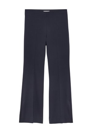 Ciemnogranatowe spodnie o szerokich nogawkach z wysokim stanem, prostymi szwami i bez widocznych zapięć, ułożone na płasko na białym tle.