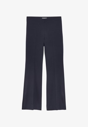 Ciemnogranatowe spodnie o szerokich nogawkach z wysokim stanem, prostymi szwami i bez widocznych zapięć, ułożone na płasko na białym tle.