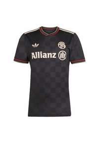Black soccer jersey with checkered pattern, red and green-trimmed collar and sleeves, white Adidas and Allianz logos, and three emblem patches.