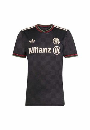 Černý fotbalový dres s kostkovaným vzorem, límec a rukávy lemované červenou a zelenou barvou, bílé loga Adidas a Allianz a tři emblémové nášivky.