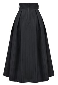 Czarna midi spódnica z pionowymi prążkami, plisowany fason, dopasowana talia, zamek błyskawiczny z boku, wykonana z lekkiego materiału.