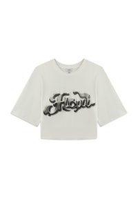 Weißes, kurzes T-Shirt mit kurzen Ärmeln, das an der Vorderseite den schwarzen Schriftzug "Floydi" in einer stilisierten Schriftart trägt. Aus weichem Baumwollmaterial.