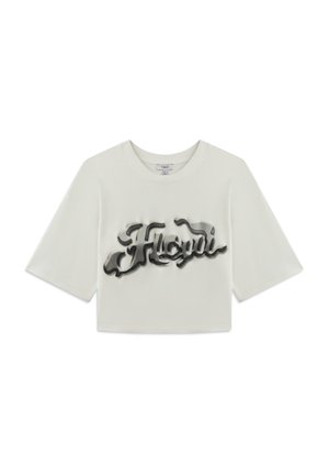 Camiseta blanca recortada de manga corta, con texto gráfico negro "Floydi" en una fuente estilizada en la parte frontal. Material de algodón suave.