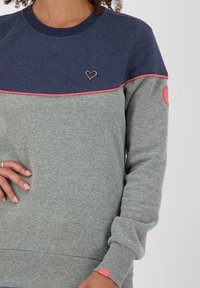 Gray and navy sweatshirt with a pink accent. Features a heart emblem on the chest and a round logo patch on the left sleeve. Soft texture.