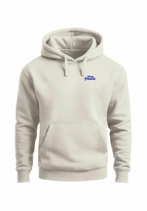 Light beige hoodie made of cotton blend, featuring a front pocket, ribbed cuffs, and a blue "More Pasta" embroidered logo on the chest.