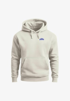 Light beige hoodie made of cotton blend, featuring a front pocket, ribbed cuffs, and a blue "More Pasta" embroidered logo on the chest.