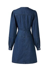 Robe en jean avec manches longues bouffantes, taille cintrée et jupe longueur genou. Présente un motif à rayures bleues et des poignets boutonnés.