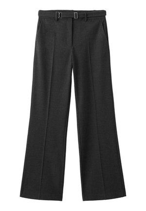 Pantalones de pierna ancha en tejido gris oscuro, con una textura suave, pliegues frontales y un diseño de doble lazo para cinturón con acentos en metal plateado.