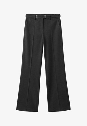 Pantaloni largi din țesătură gri închis, având o textură netedă, pliseuri frontale și un design cu bucle duble pentru curea, cu accente din metal argintiu.