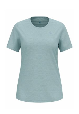 Hellblaues kurzärmeliges Sport-T-Shirt mit dezentem Strukturmuster und rundem Ausschnitt, mit kleinem Logo auf der linken Brust.