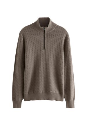 Taupe Strickpullover mit strukturiertem Quadratmuster, gerippten Bündchen und Saum sowie einem halben Reißverschlusskragen.