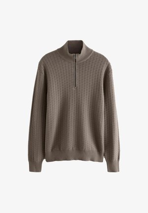 Taupe Strickpullover mit strukturiertem Quadratmuster, gerippten Bündchen und Saum sowie einem halben Reißverschlusskragen.