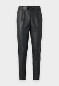 Pantalon noir taille haute en simili cuir avec jambes fuselées et un nœud noué à la ceinture, présenté sur un fond uni.