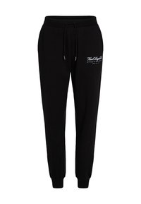 Black sweatpants made of soft fabric, featuring an elastic waistband with a drawstring, tapered legs, and white printed logo on the front.