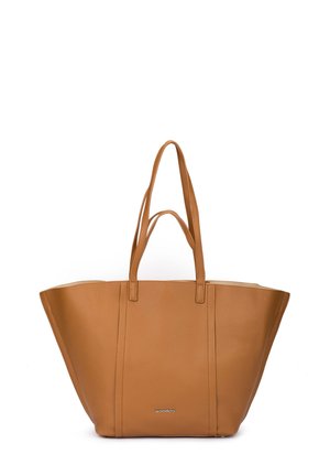 Bolso tote de cuero color tostado con dos asas largas y un sencillo logo "wonders" en el centro delantero.
