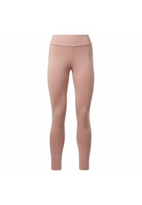 Világos rózsaszín leggings elasztikus anyagból. Magas derék, testhezálló fazon, látható varratok vagy minták nélkül, sima textúrával.