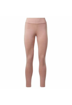 Vaaleanpunaiset legginsit, jotka on valmistettu joustavasta kankaasta. Korkea vyötärö, tiukka muotoilu, ilman näkyviä saumoja tai kuvioita, sileä pinta kauttaaltaan.