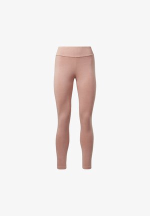 Lyserøde leggings laget av elastisk stoff. Høy livlinje, tett passform, uten synlige sømmer eller mønstre, jevn tekstur gjennom hele.