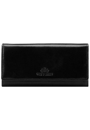 Portefeuille en cuir noir avec une texture lisse, arborant un design pliable et un logo "WITTCHEN" embossé à l'avant.