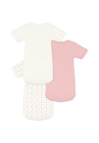 Τρία βρεφικά κορμάκια με κοντά μανίκια: ένα ροζ, δύο λευκά με σχέδια από χρυσές και πολύχρωμες καρδιές. Μαλακό βαμβακερό ύφασμα, στρογγυλεμένοι λαιμοί.