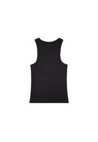 Svart rillestrikket tanktop med rund halslinning og brede ermhull. Har en tettsittende silhuett og en glatt tekstur. Bakparti vist.