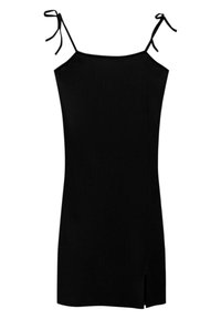 Black sleeveless dress with adjustable tie straps, straight cut design, textured fabric, and a side slit at the hem.